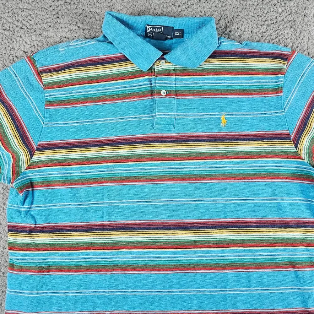 Vintage Polo Ralph Lauren Shirt Mens XXL Blue Striped Short Sleeve Preppy Casual